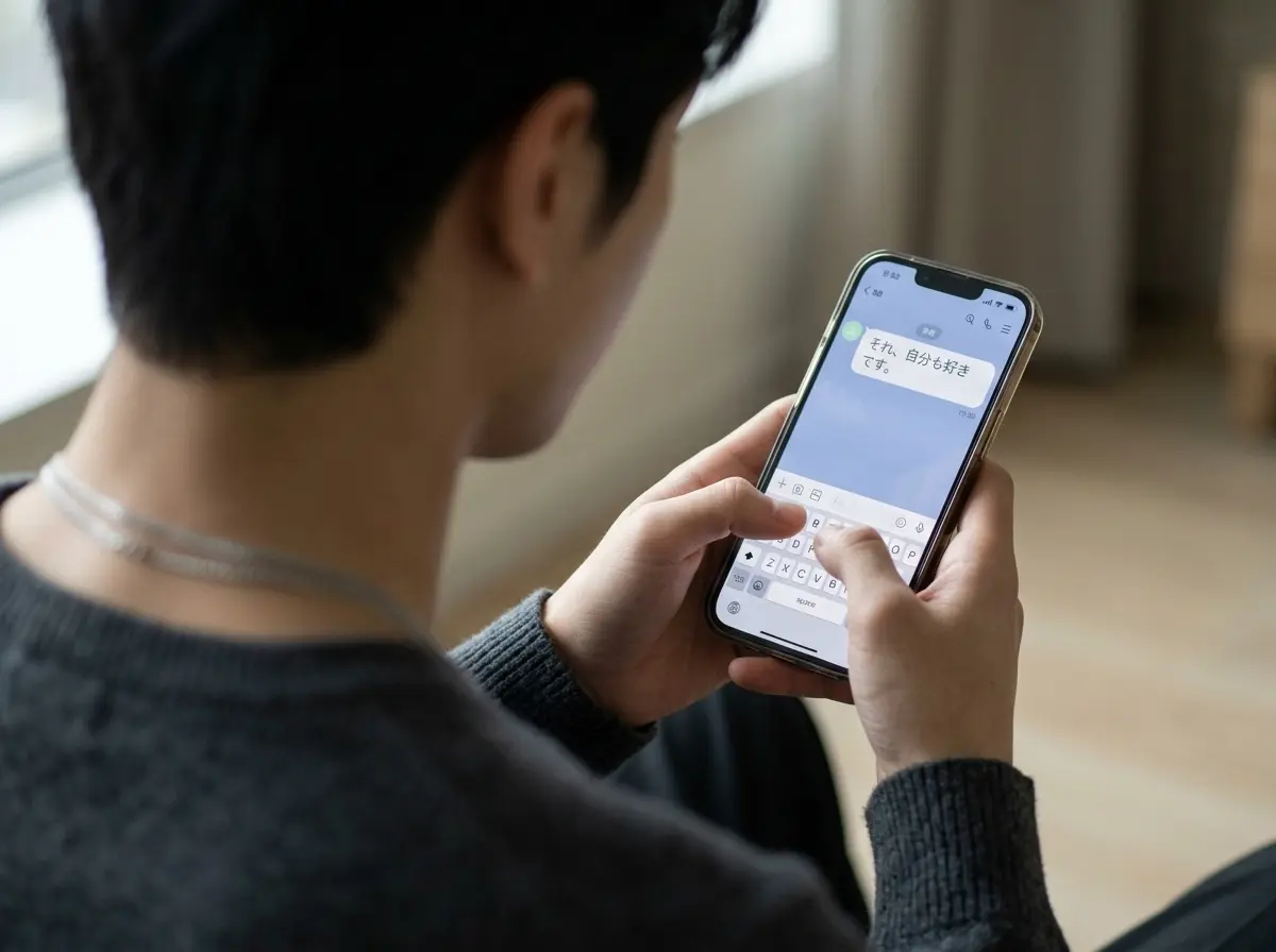 スマホで文字入力している男性