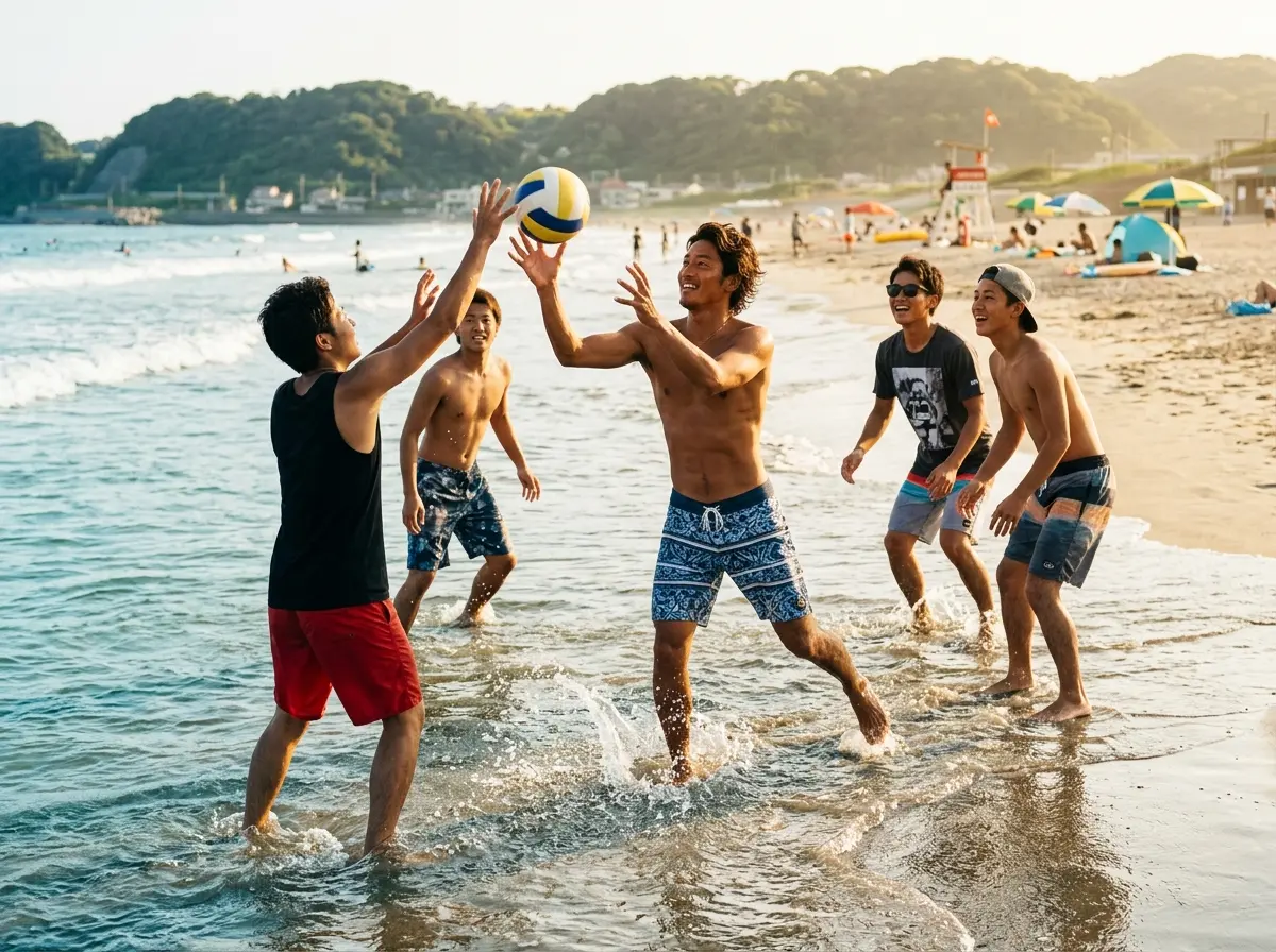 海辺で遊ぶ男性達