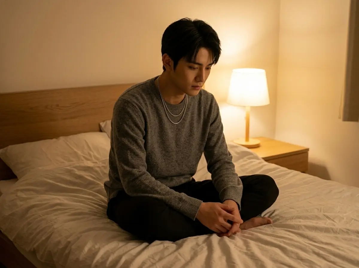 男性がベッドの上で落ち込んでいる
