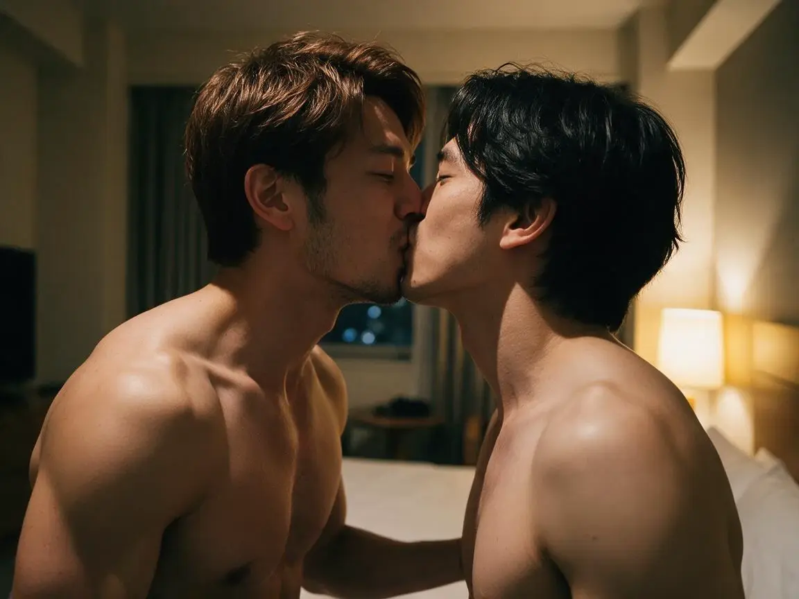 男性同士がキスをしている