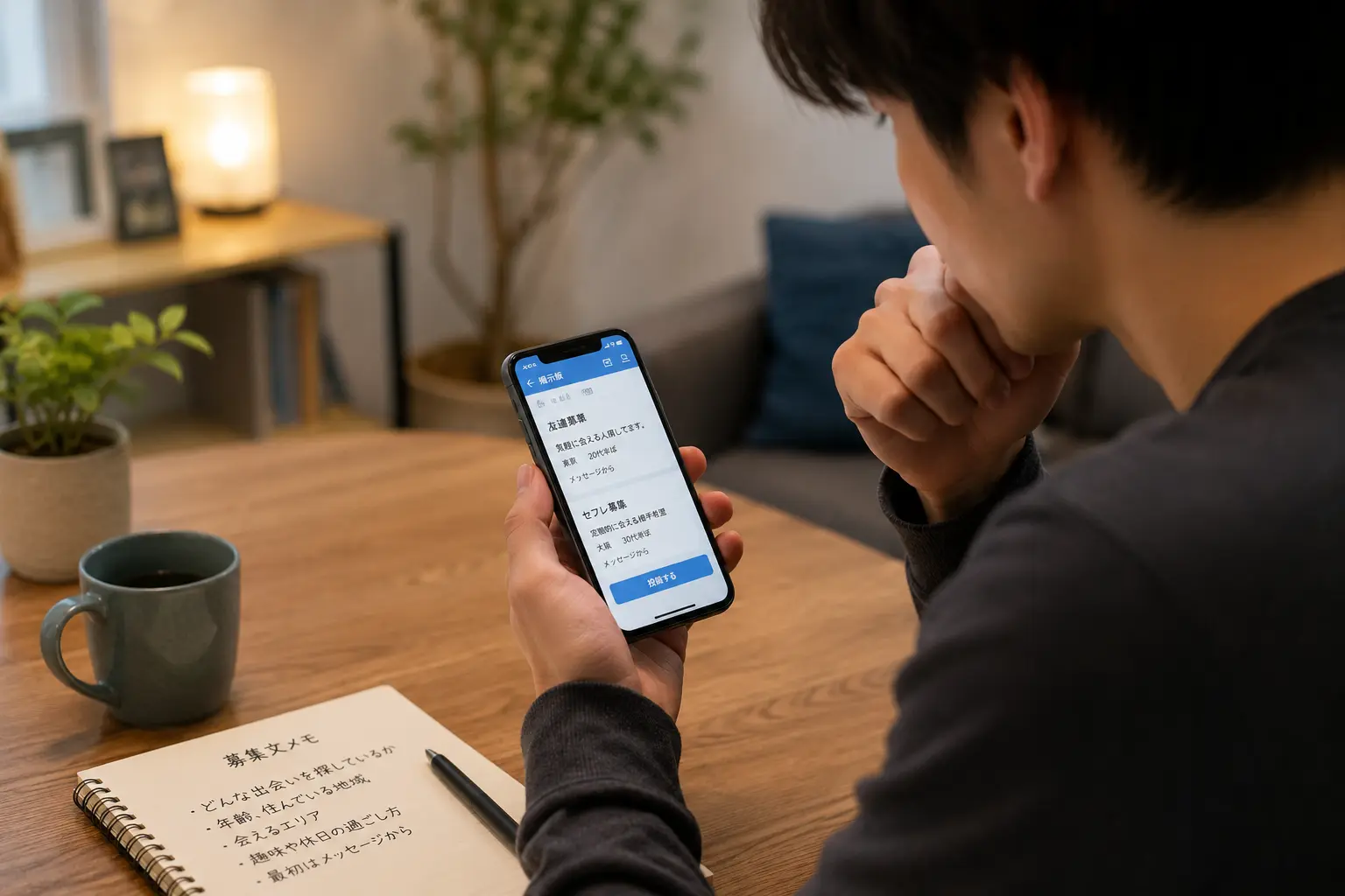 自宅のテーブルでスマホを操作している成人男性