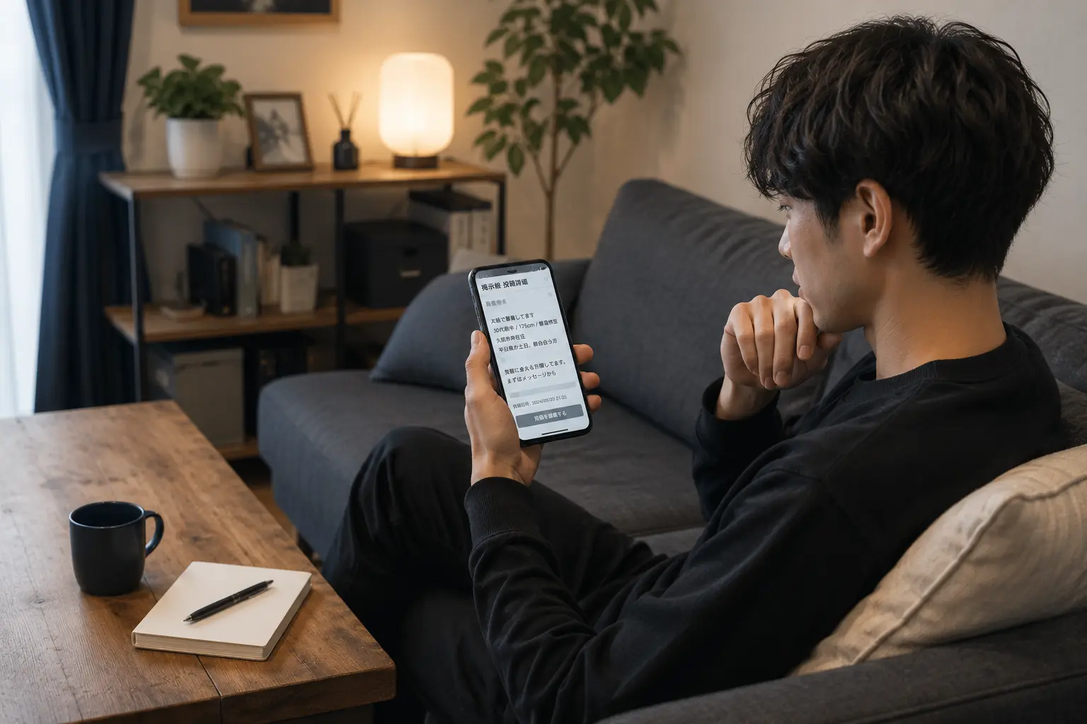 自宅のソファでスマホに表示された自分の募集投稿を読み返している成人男性