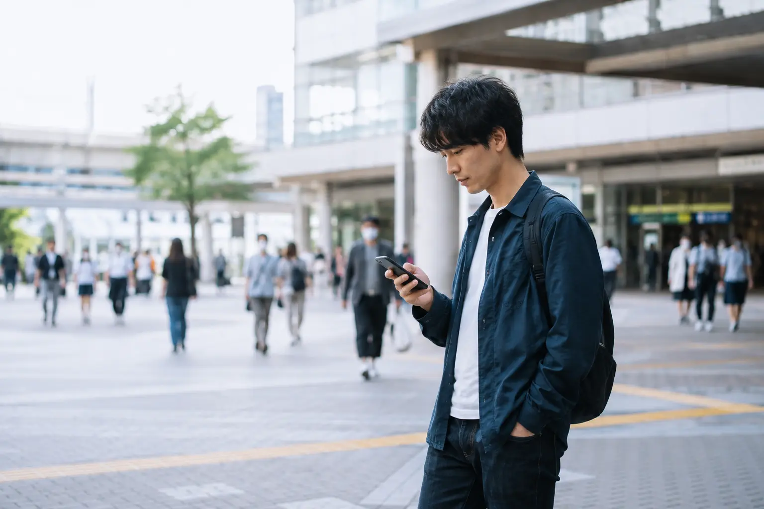 人通りのある場所でスマホを確認しながら待ち合わせをしている成人男性。