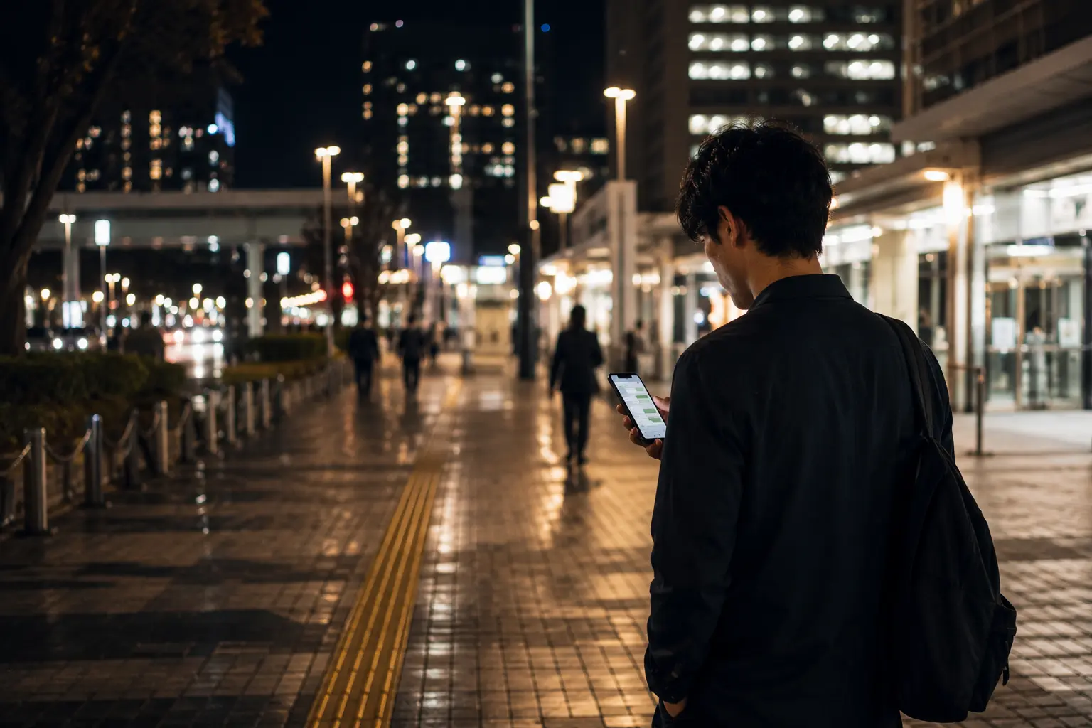 夜の駅前や街中で、成人男性が一人でスマホを確認しながら帰る場面