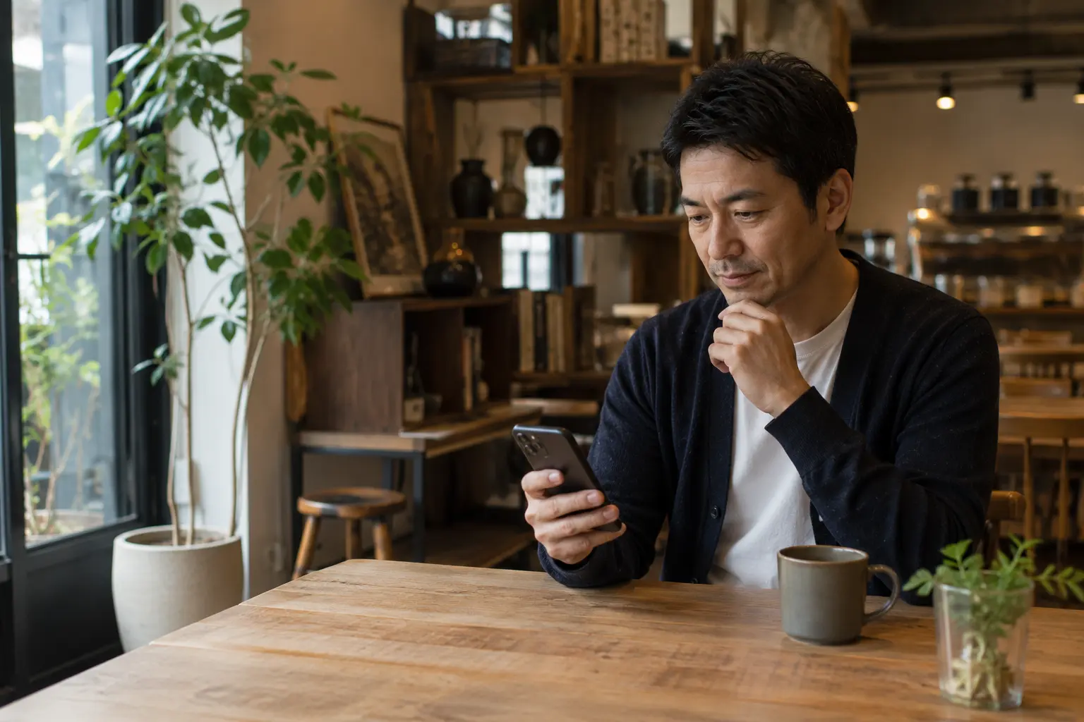 落ち着いたカフェや自宅でゲイ掲示板を見ている40代程度の成人男性