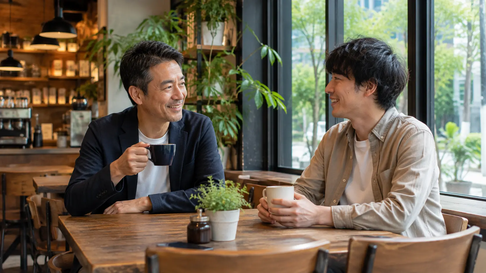 年代の異なる成人男性2人がカフェや休憩スペースで自然に会話している場面