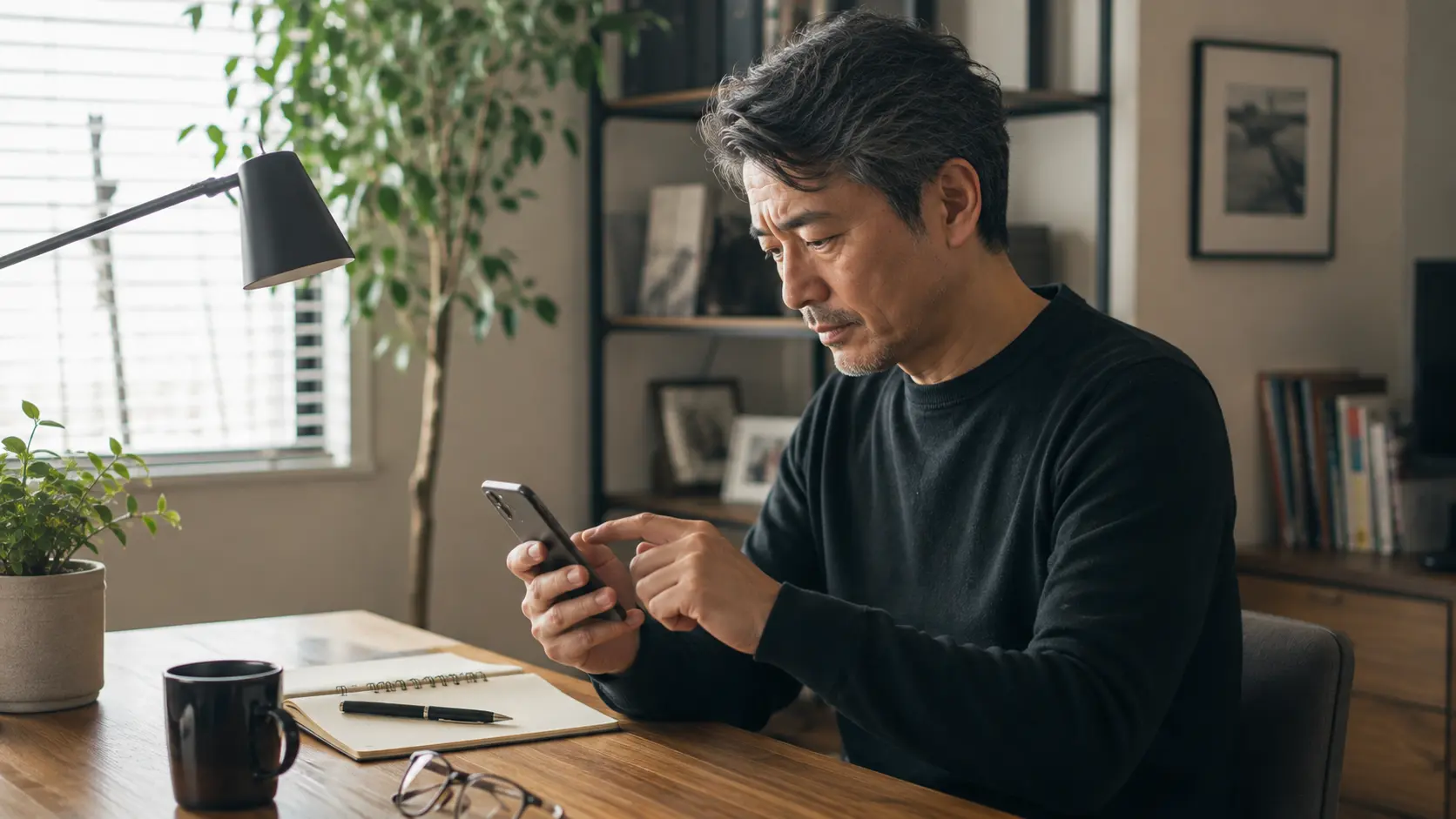 50代程度の成人男性が自宅でプロフィールや募集文をスマホから入力・確認している場面