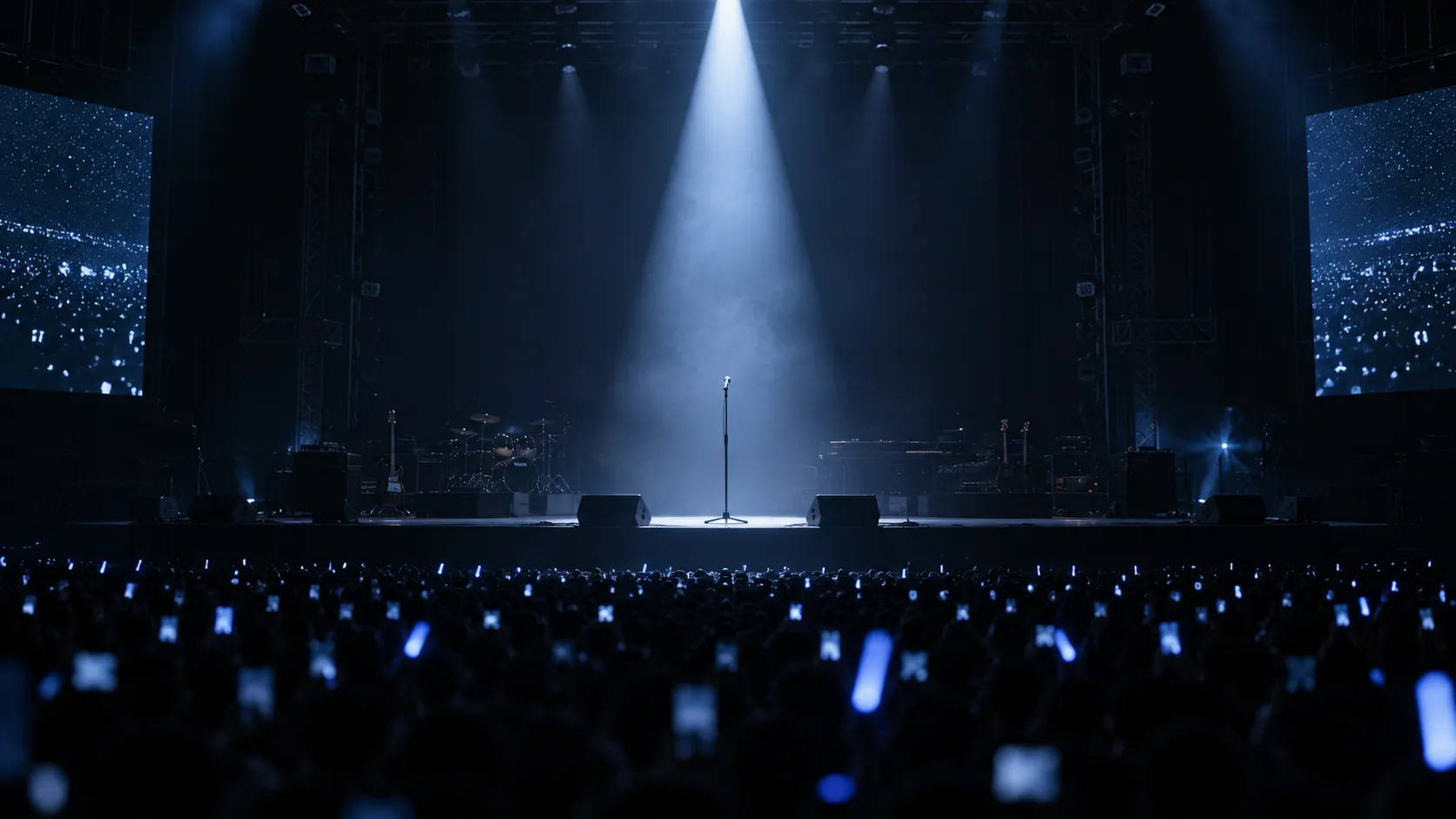 暗いライブ会場のステージと客席。中央に一本のスポットライトが差し、誰かがこれから大切なことを話し始めるような空気。