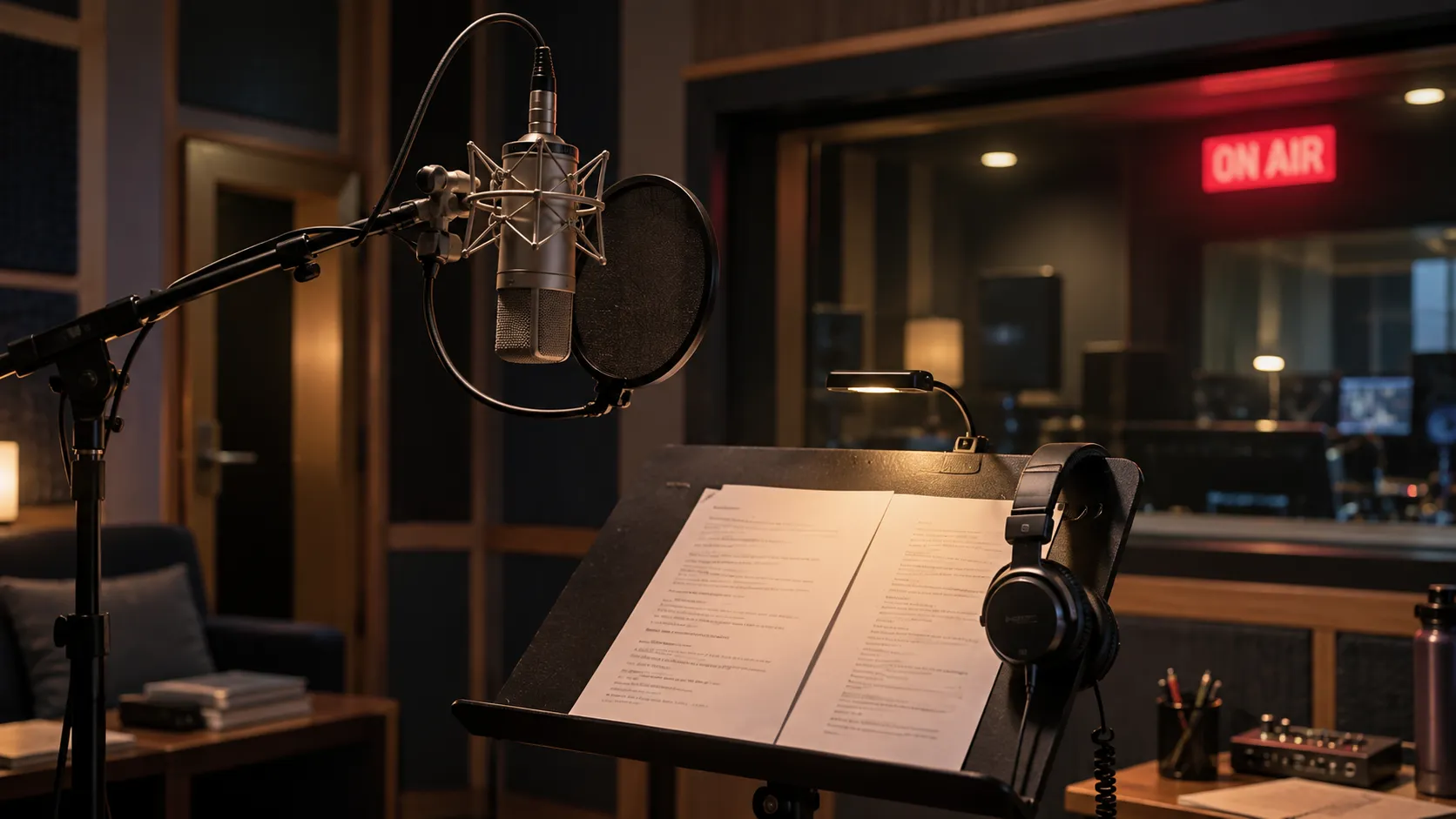 人物なしの声優収録スタジオ。大型マイク、譜面台、ヘッドホン、防音壁。スタジオの赤い録音ランプが点灯している。