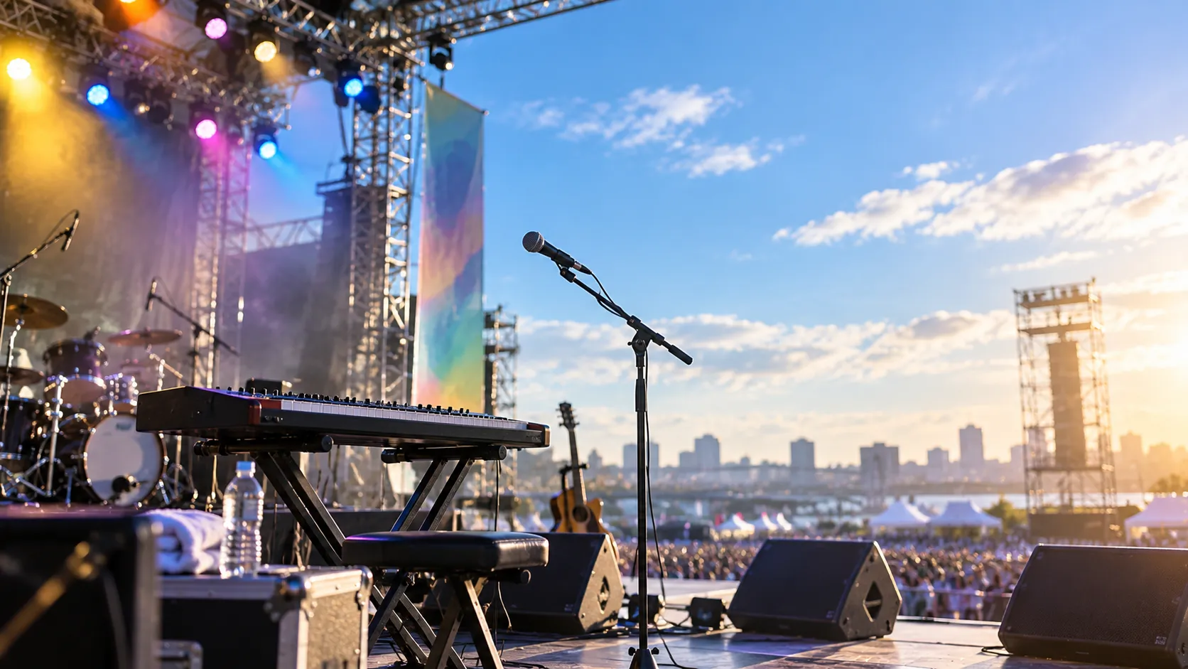 屋外音楽イベントのステージ。マイク、鍵盤、ステージ照明と青空。