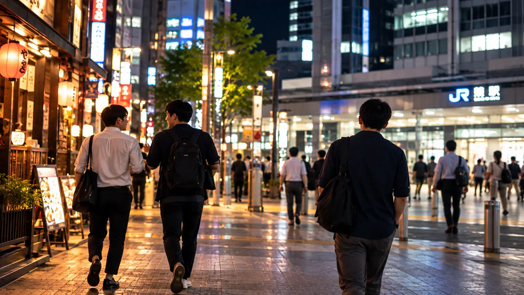 友達と別れたあと、夜の駅前を一人で歩く男性