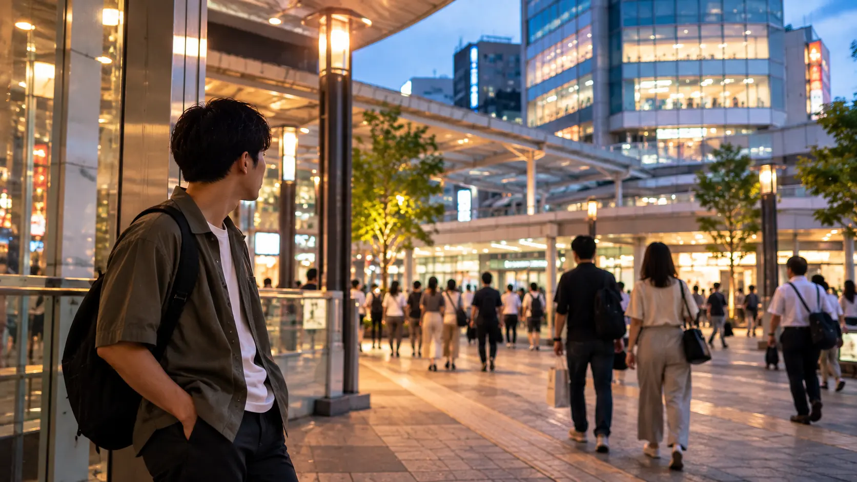 夕方の駅前広場で初めて会う相手を待つ男性