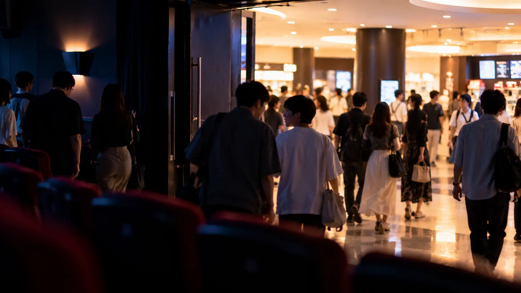映画上映後、暗いシアターから明るいロビーへ出てそれぞれの日常へ戻る人々