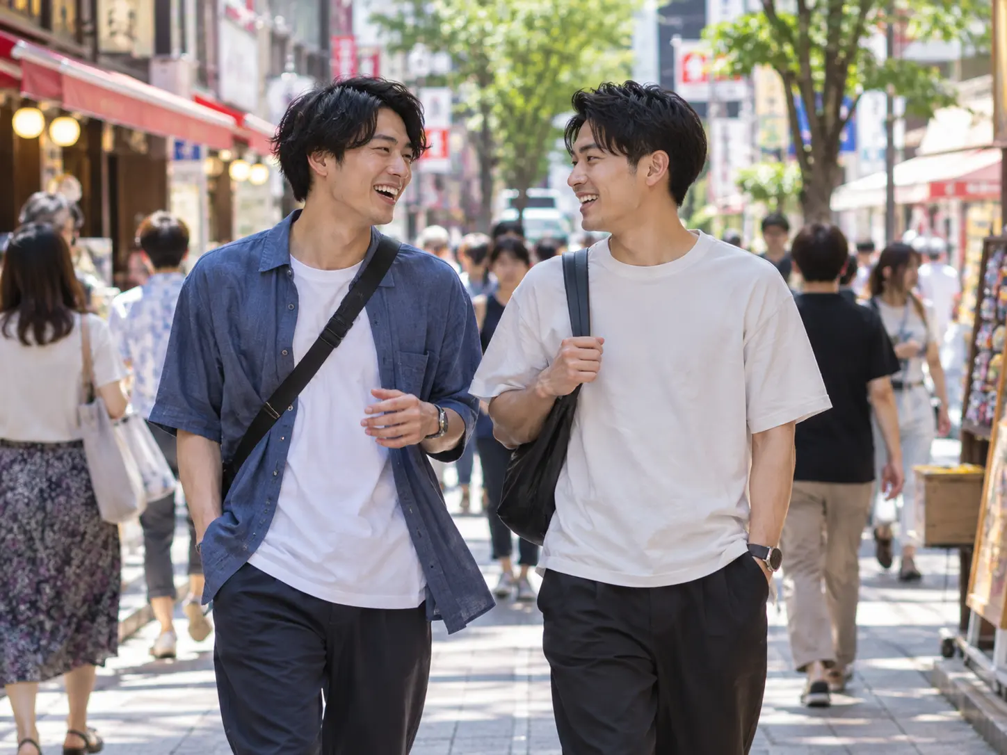 休日の商店街を会話しながら自然に笑って歩く成人男性二人