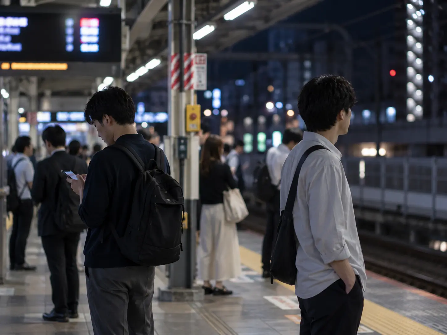 夜の駅ホームで少し距離を空け、それぞれ別の方向を見る成人男性二人