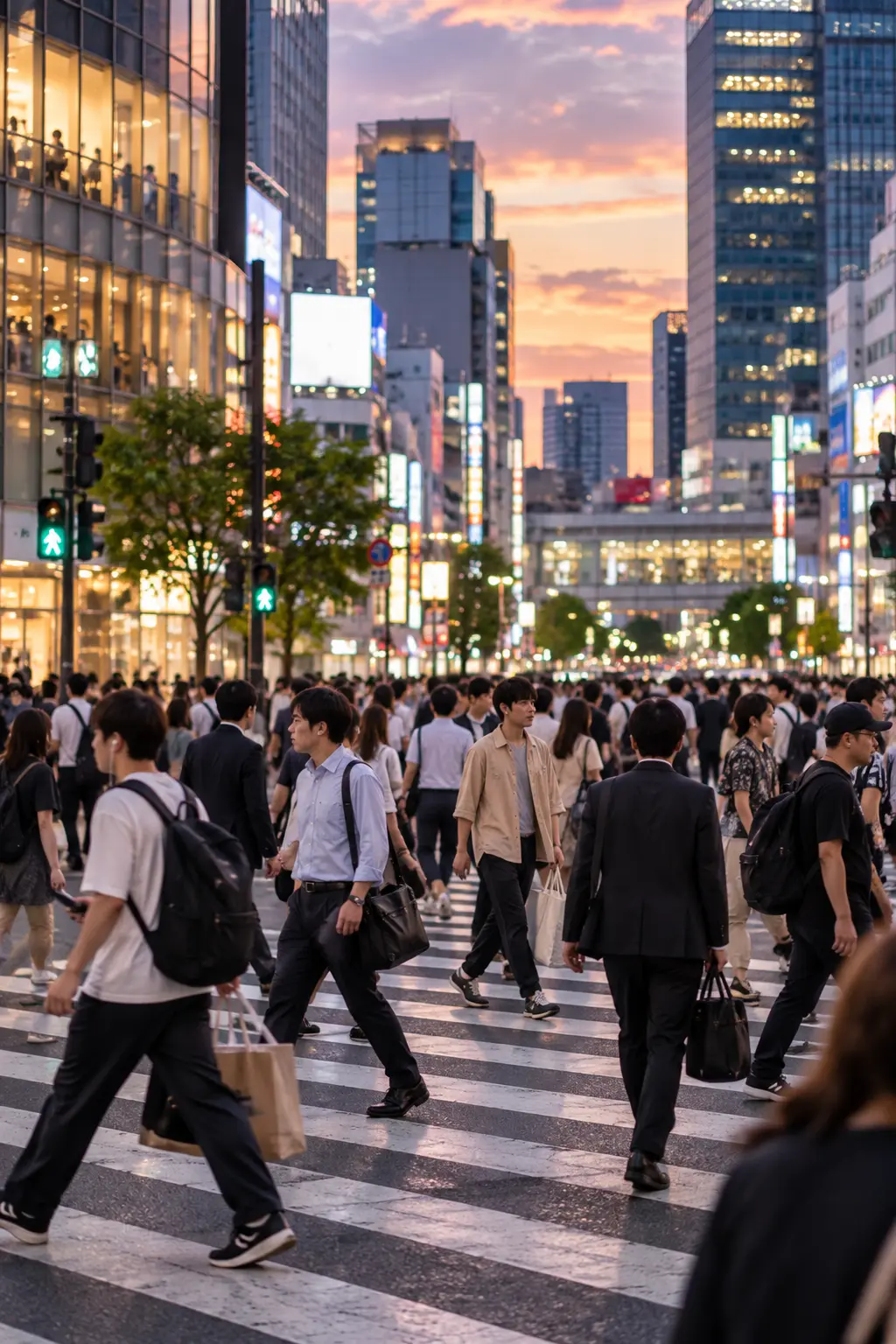 夕暮れのスクランブル交差点を、それぞれ異なる方向へ行き交う人々