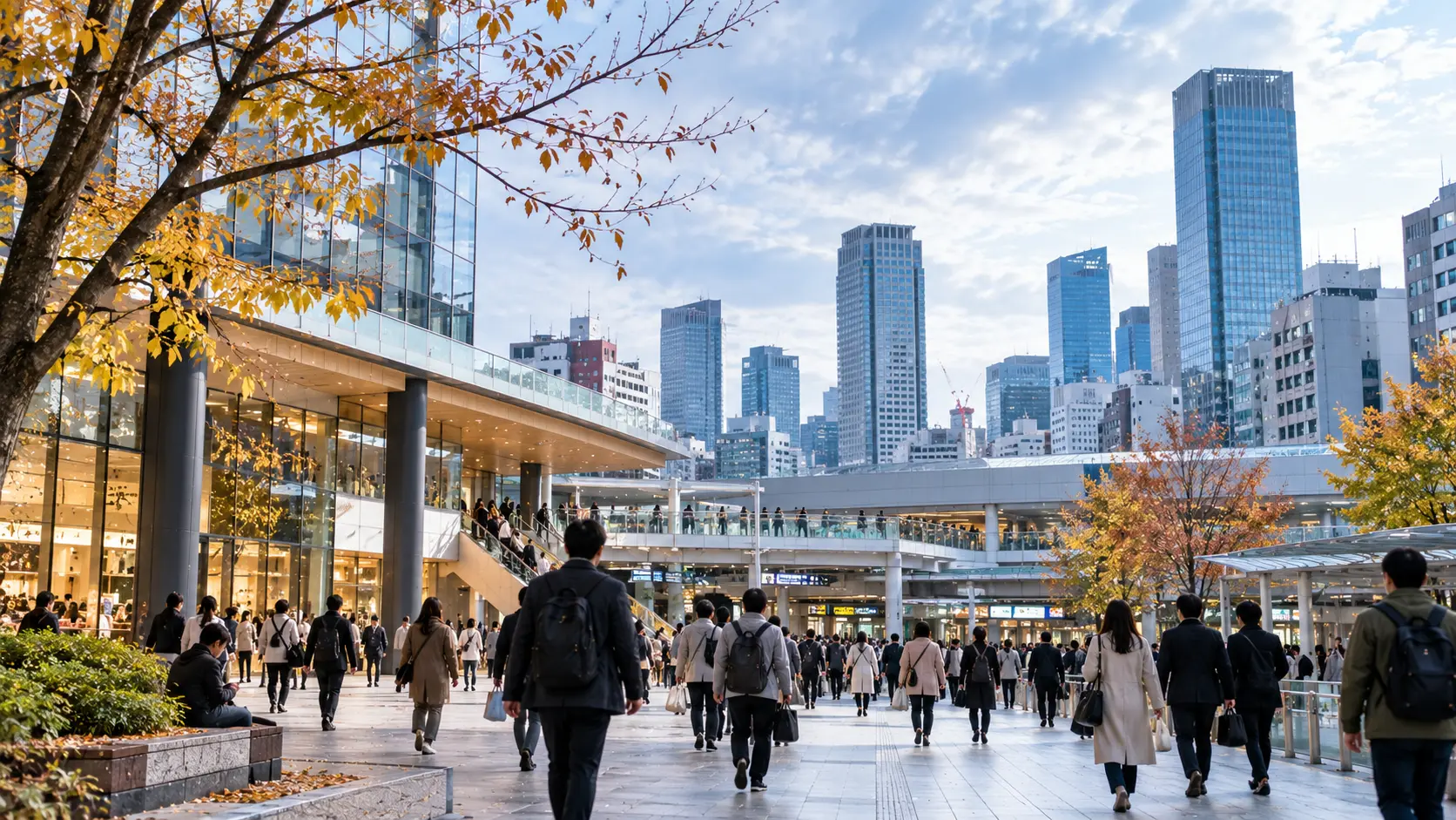 秋の昼下がり、冬へ向かう街を行き交う人々と駅前の風景