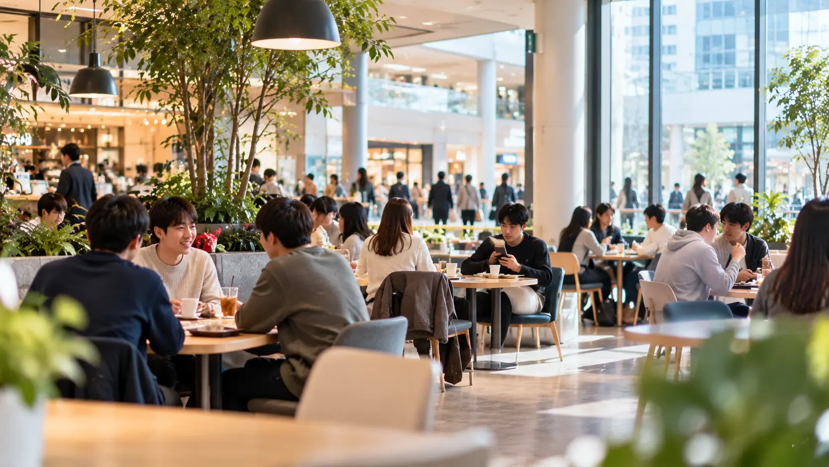明るい商業施設のカフェで、それぞれの時間を過ごす人々