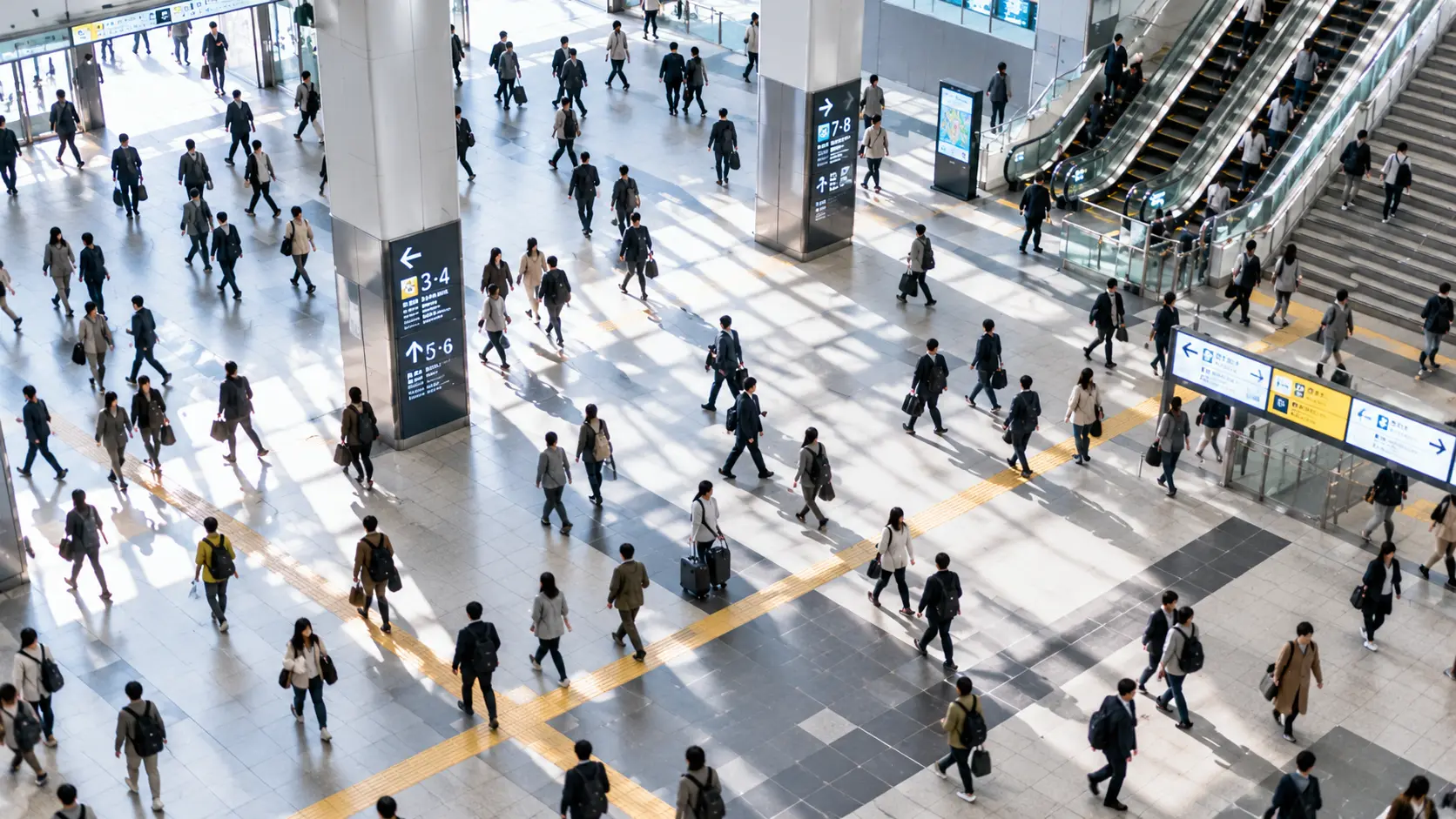 大きな駅構内を、それぞれ異なる方向へ行き交う人々